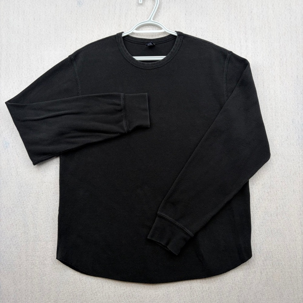 Gap Mens XL Black Waffle Knit Thermal Long Sleeve Crew Neck Shirt Curved Hem